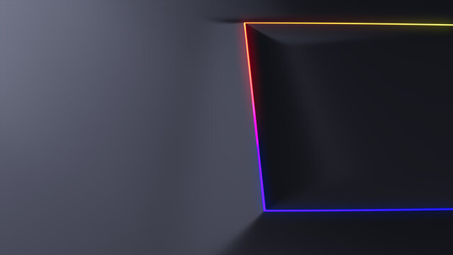 Minimalist Tech Background with Extruded Square and Rainbow Illuminated Trim. Black Surface with Embossed 3D Shape. 3D Render.