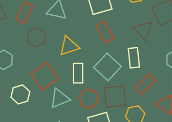 different geometric symbols in retro colors on a green background. seamless pattern