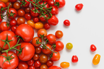Variety of tomatoes on white background with copy space.