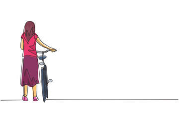 Single one line drawing walking young lady with bicycles. Happy girl take walk with bicycle at rural road. Healthy lifestyle of village people. Continuous line draw design graphic vector illustration