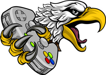 An eagle or hawk gamer video game cartoon mascot holding games controller