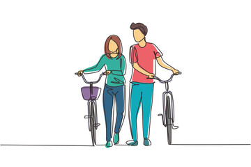 Single continuous line drawing cyclists walking down forest road with their bicycles on summer day. Young man and woman in love. Happy romantic married couple. One line draw graphic design vector © Simple Line