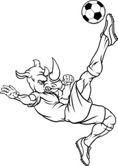 A rhino soccer football player cartoon animal sports mascot kicking the ball