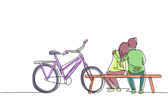 Single continuous line drawing romantic couple chatting while sitting on bench. Happy man woman riding an electric bike. Evening walk by the river. One line draw graphic design vector illustration