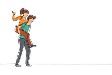 Single continuous line drawing teenage couple with man carrying woman on his back during music festival. Happy young romantic couple in love. Dynamic one line draw graphic design vector illustration