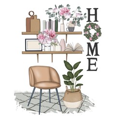 Home Stay Home Interior Background Hand Drawn Illustration	