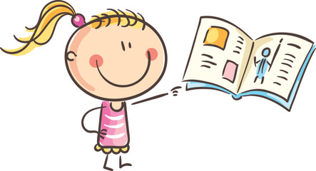 Doodle girl showing a book, vector cartoon illustration