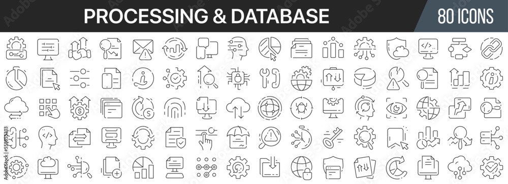 Aufkleber Processing and database line icons collection. Big UI icon set in a flat design. Thin outline icons pack. Vector illustration EPS10