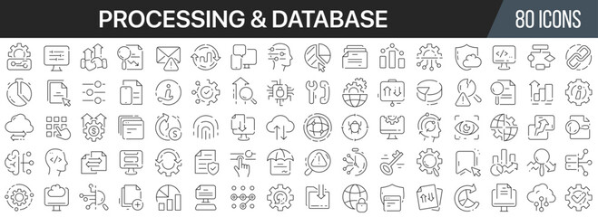 Processing and database line icons collection. Big UI icon set in a flat design. Thin outline icons pack. Vector illustration EPS10 - obrazy, fototapety, plakaty