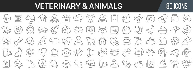 Veterinary and animals line icons collection. Big UI icon set in a flat design. Thin outline icons pack. Vector illustration EPS10