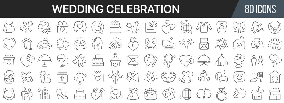 Wedding celebration line icons collection. Big UI icon set in a flat design. Thin outline icons pack. Vector illustration EPS10