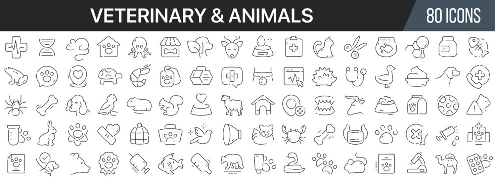 Veterinary and animals line icons collection. Big UI icon set in a flat design. Thin outline icons pack. Vector illustration EPS10
