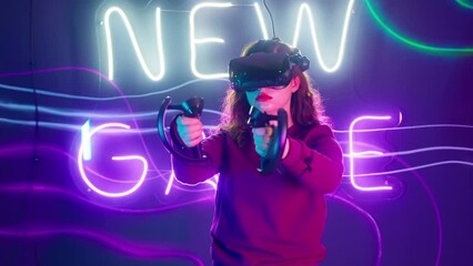 Cyber gamer in VR glasses plays virtual reality game in neon futuristic space. Cyberpunk fashion gaming concept. Man and woman play metaverse virtual digital technology game control with VR goggle.