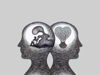 human man body sit mind mental health healing spiritual sad pain depressed loneliness sadness negative energy contrast growing heart love positive emotion art watercolor painting illustration drawing