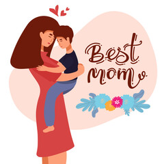 Vector Illustration Of Mother Holding Baby Son In Arms. Happy Mother s Day Greeting Card