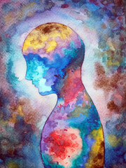 Naklejka na ściany i meble human head body mind mental health healing soul spiritual sad pain depressed loneliness stress monster in your mind sadness negative energy emotion abstract art watercolor painting illustration