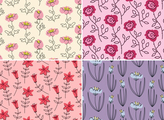 Set of seamless patterns with garden flowers. Beautiful nature textures in doodle style.