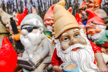 colorful garden gnome with a white beard at a place in the forest