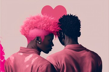 illustration of young Black BIPOC queer genderfluid couple, LGBTQ+, pink, heart, valentine theme - obrazy, fototapety, plakaty