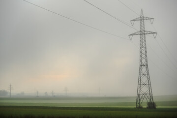 single power pole with dense fog over the fields
