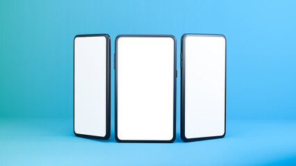 3D Render Of Blank Smartphone Screen Mockup In Three Angels On Sky Blue Background.