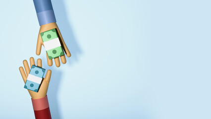 Top View Of Human Hands Holding Currency Banknote For Exchange Money Concept Against Light Turquoise Background And Copy Space. 3D Rendering.