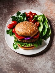 Vegan falafel burger with vegetables and sauce and fries, dark wood and stone background. Healthy food concept. Climate friendly food