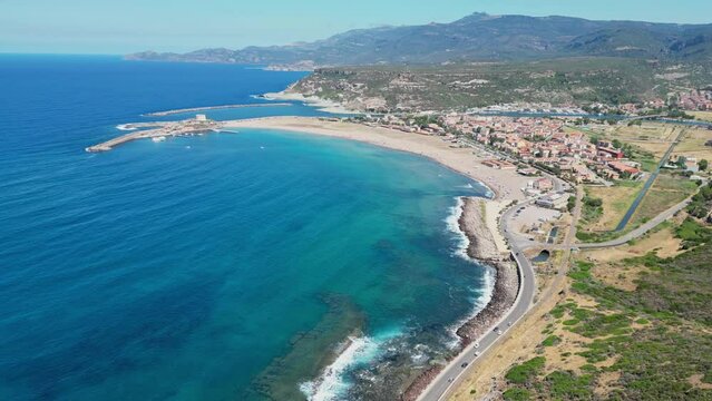 Bosa Marina sandy beach and coastline of Oristano in Sardinia, Italy - 4k Aerial