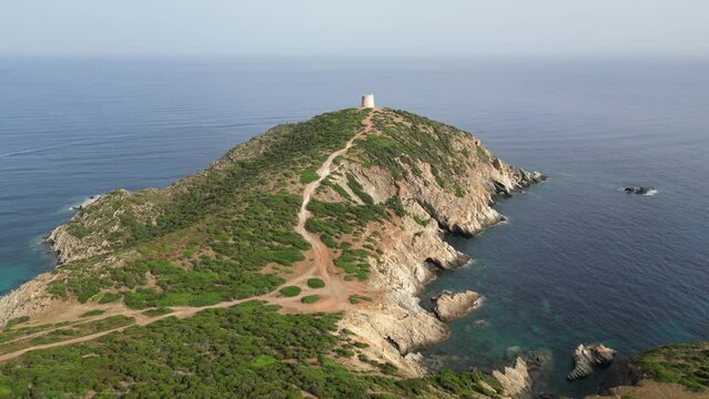 Capo Malfatano Tower and Cape at Teulada, South Coast of Sardinia, Italy - 4k Aerial