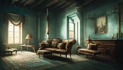 Abandoned and dilapidated, the French-style living room is a melancholy portrayal of neglect and decay. Generative AI