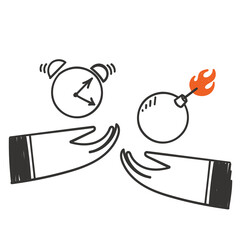 hand drawn doodle person holding bomb and clock timer illustration vector