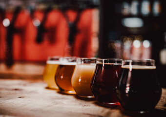 Glasses with different craft beer on wooden bar counter