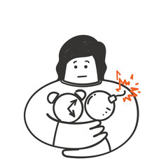 hand drawn doodle person holding bomb and clock timer illustration vector