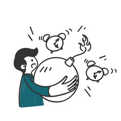hand drawn doodle person holding bomb and clock timer illustration vector