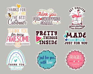 Creative design of sticker with phrases Made with love, thanks for supporting small business and others for supporting small business labels. Stock illustrations