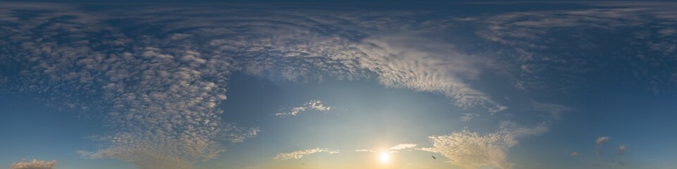 Blue summer sky panorama with light Cirrus clouds. Hdr seamless spherical equirectangular 360 panorama. Sky dome or zenith for 3D visualization and sky replacement for aerial drone 360 panoramas.