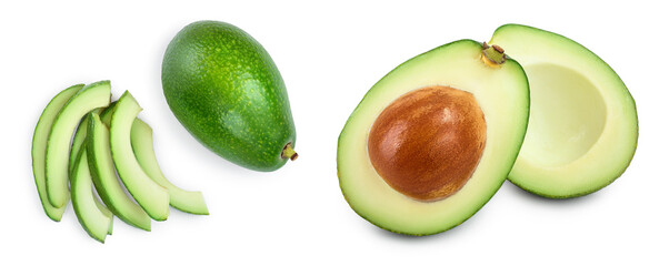 avocado and slices isolated on white background. Top view. Flat lay