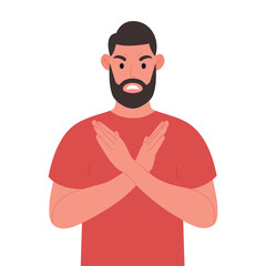 Bearded man making X shape, stop sign with hands and negative expression. Vector illustration.