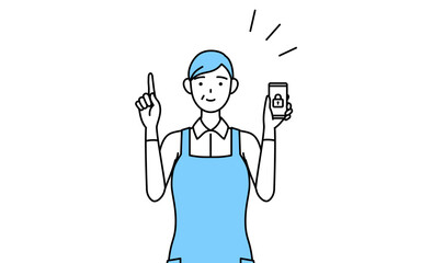 スマホのセキュリティ対策をするエプロンを着たシニア女性