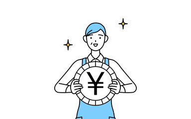 為替差益や円高のイメージ、エプロンを着たシニア女性