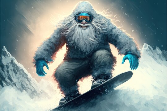 Bigfoot snowboarding. Yeti riding snowboard. Winter sports character illustration generative ai