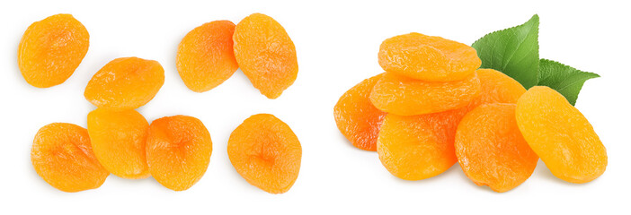 Dried apricots isolated on white background with full depth of field. Top view. Flat lay