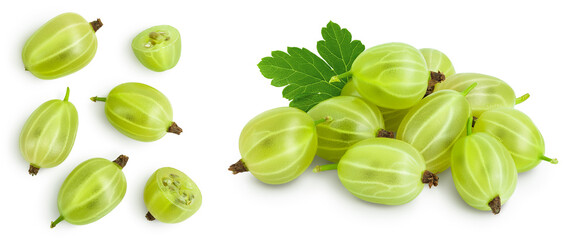 Green gooseberry isolated on white background with full depth of field. Top view with copy space for your text. Flat lay
