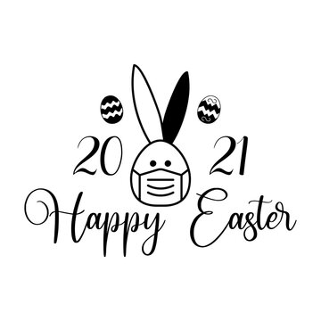 greeting card with Easter bunny picture in mask and 2021 inscription