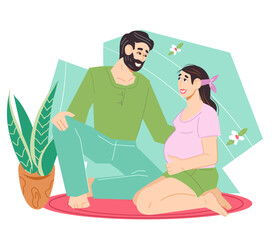 Married couple expecting a child. Husband helps his wife prepare for birth of a child, flat vector illustration isolated on white background.