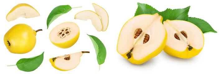 Fresh quince with half and slices isolated on the white background with full depth of field. Top view. Flat lay