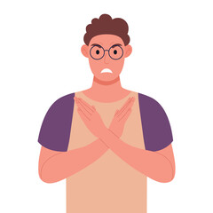 Curly young man in glasses making X shape, stop sign with hands and negative expression. Vector illustration.