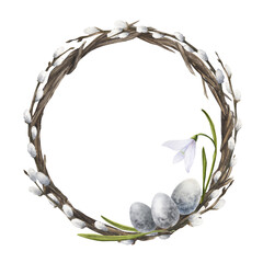 Watercolor illustration of a wreath with easter eggs, snowdrops and pussy-willow isolated