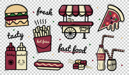 Fast Food Icons Set - Different Vector Illustrations Isolated On Transparent Background