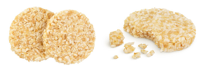 coconut cookies with white flax seeds and honey isolated on white background. Healthy food. Top view. Flat lay